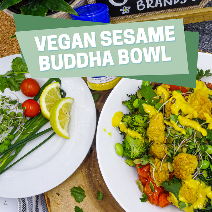 Vegan Buddha Bowl with Sesame Plant Based Chick'n & Tahini Dressing