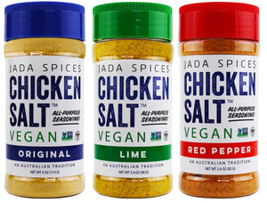 chicken salt vegan and vegetarian seasoning original, lime, and red pepper flavors